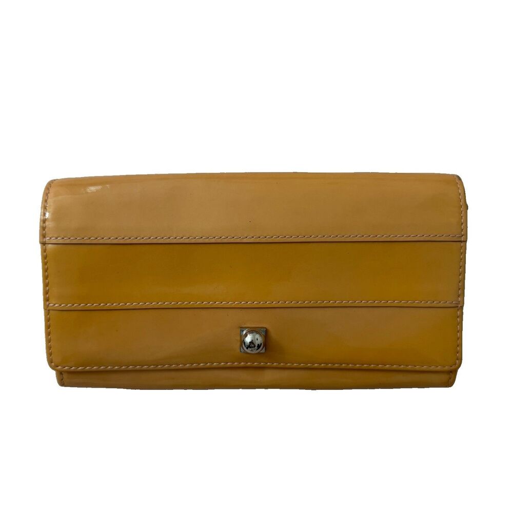 Reed Krakoff Leather Patent Flap Wallet Clutch Camel Beige Gray Organizer Large